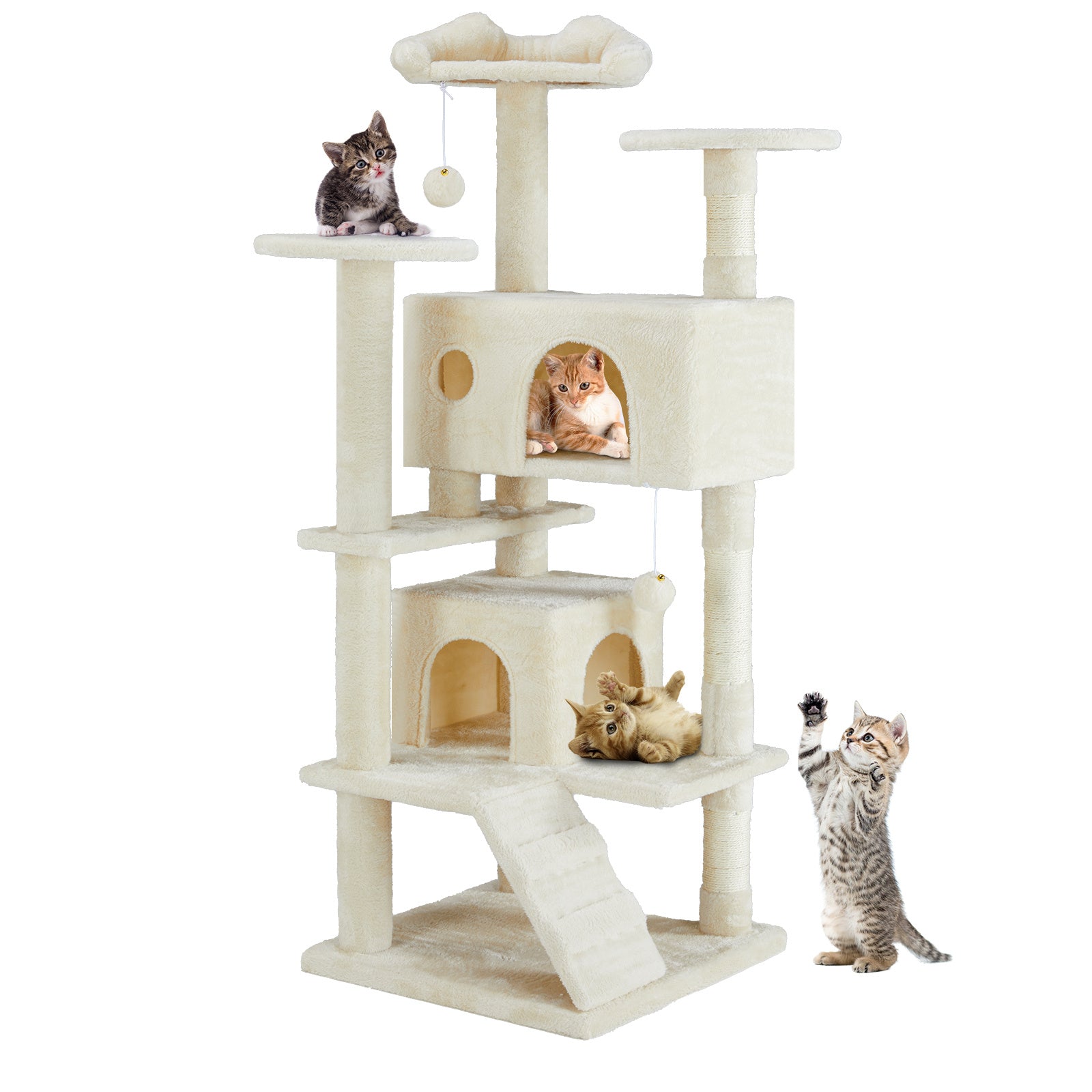 JMT-845322 Beige and Deep Blue Multi-Functional Cat Treehouse with Climbing Frame, 135 cm Height