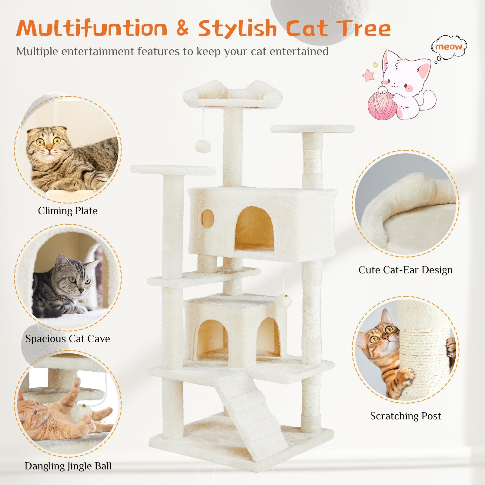 JMT-845322 Beige and Deep Blue Multi-Functional Cat Treehouse with Climbing Frame, 135 cm Height