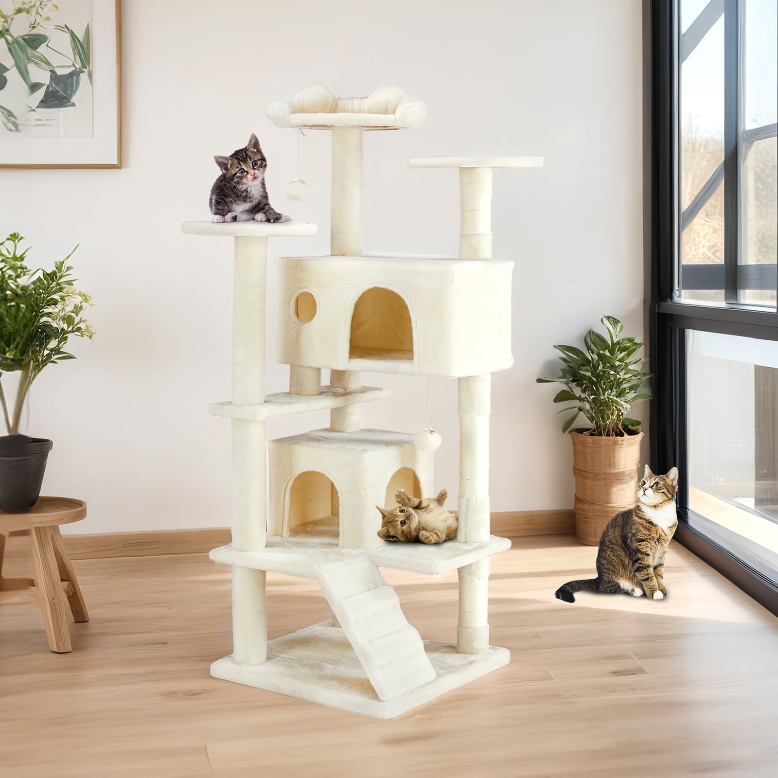 JMT-845322 Beige and Deep Blue Multi-Functional Cat Treehouse with Climbing Frame, 135 cm Height