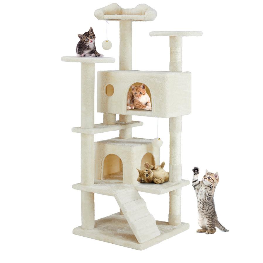 JMT-845322 Beige and Deep Blue Multi-Functional Cat Treehouse with Climbing Frame, 135 cm Height
