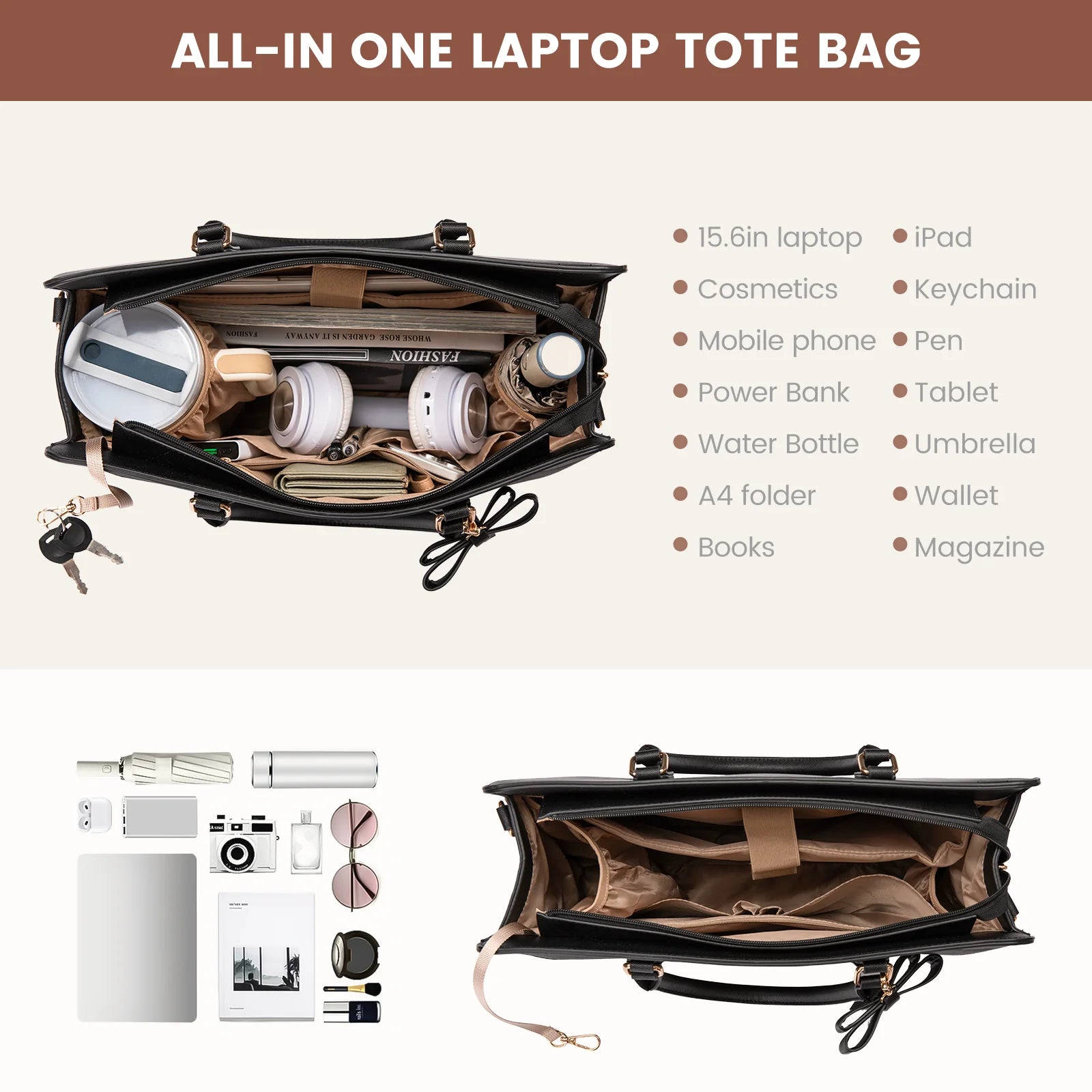 JMT-846282 Women's PU Laptop Tote Bag - Waterproof 15.6-inch Briefcase for Work and Office Use