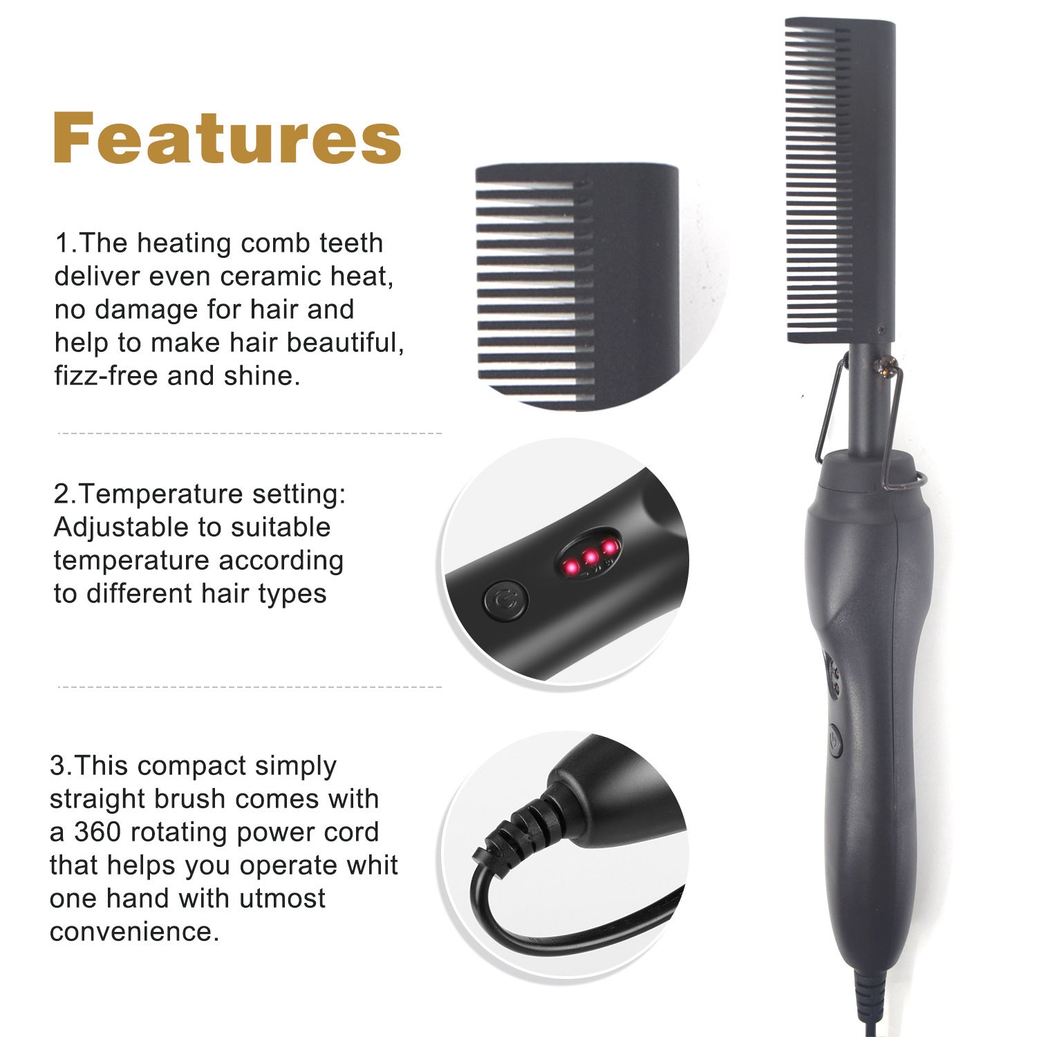JMT-847754 Electric Hair Straightening and Curling Comb - Dry and Wet Use with Copper Teeth - 29.5cm
