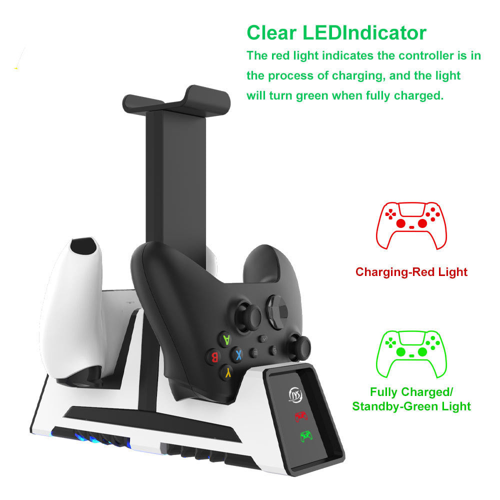 JMT-847946 Multifunctional Charging Stand for PS5, PS4, Switch Pro, Xbox Series X Controllers with Magnetic Charge and Earphone Holder