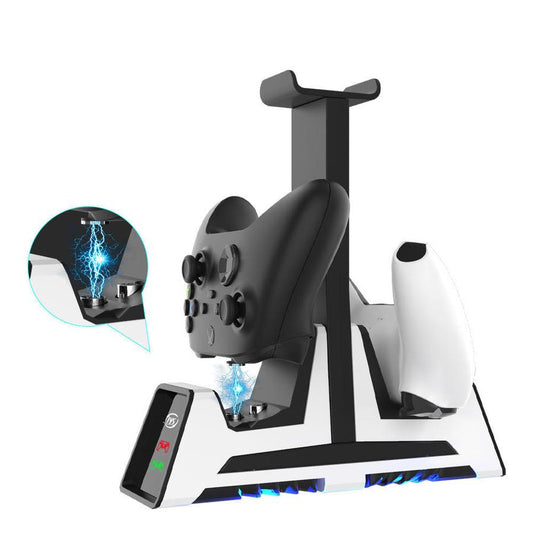JMT-847946 Multifunctional Charging Stand for PS5, PS4, Switch Pro, Xbox Series X Controllers with Magnetic Charge and Earphone Holder