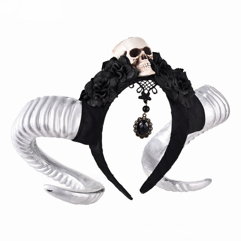 JMT-848138 Black Flower and Skull Headband with Sheep Horn Veil Decoration