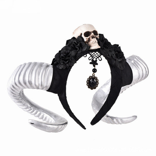 JMT-848138 Black Flower and Skull Headband with Sheep Horn Veil Decoration