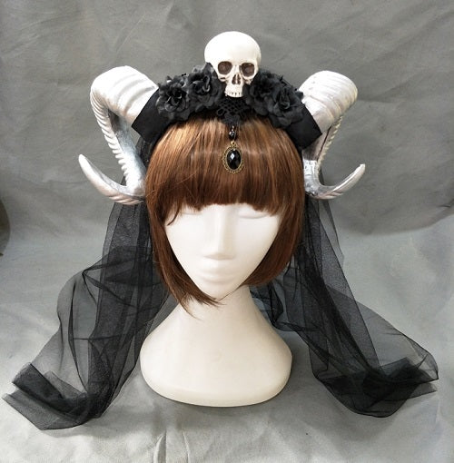 JMT-848138 Black Flower and Skull Headband with Sheep Horn Veil Decoration