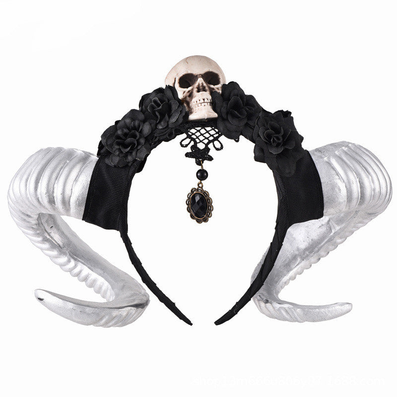 JMT-848138 Black Flower and Skull Headband with Sheep Horn Veil Decoration