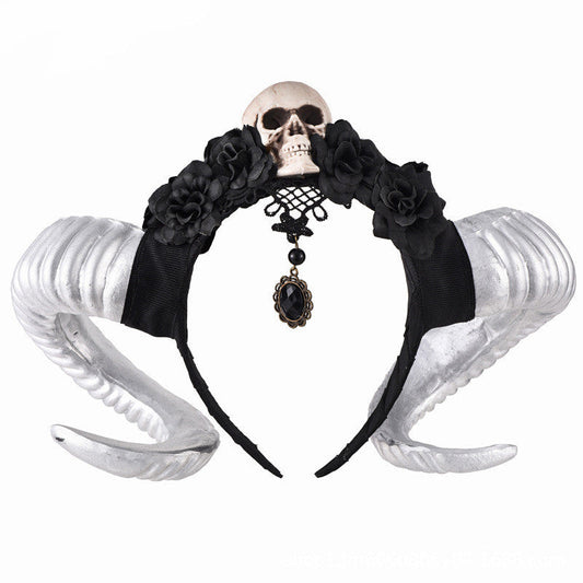 JMT-848138 Black Flower and Skull Headband with Sheep Horn Veil Decoration