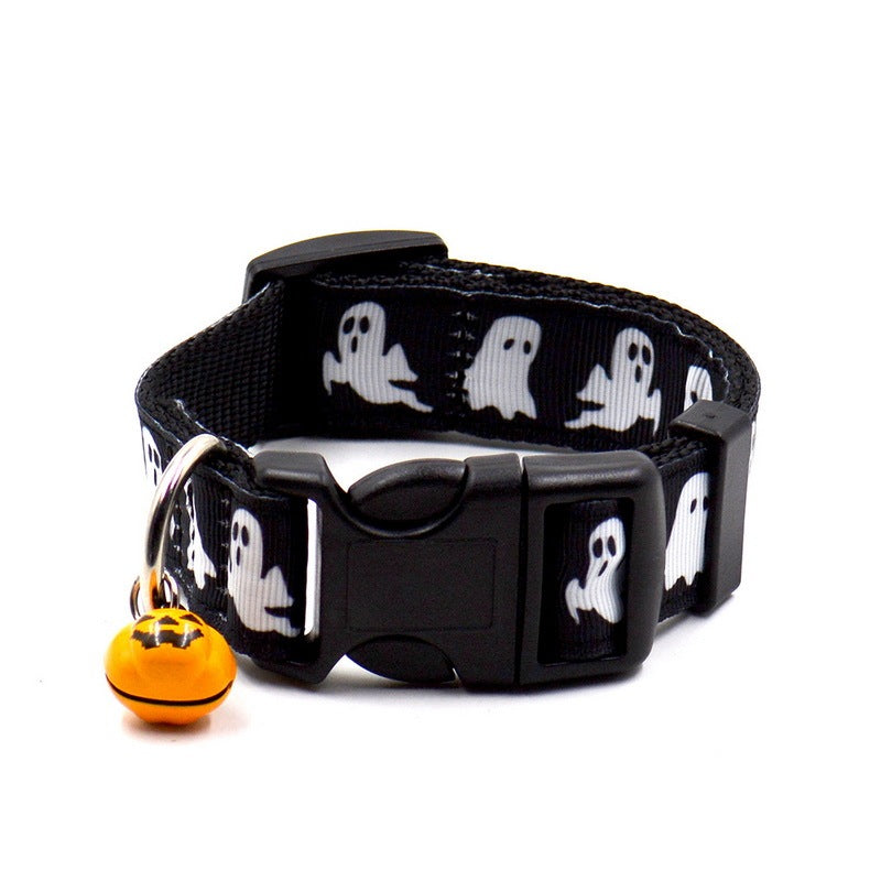 JMT-848266 Ghost Halloween Series Dog Collar with Bell for Pets, Adjustable Sizes S & L, Durable Nylon Material