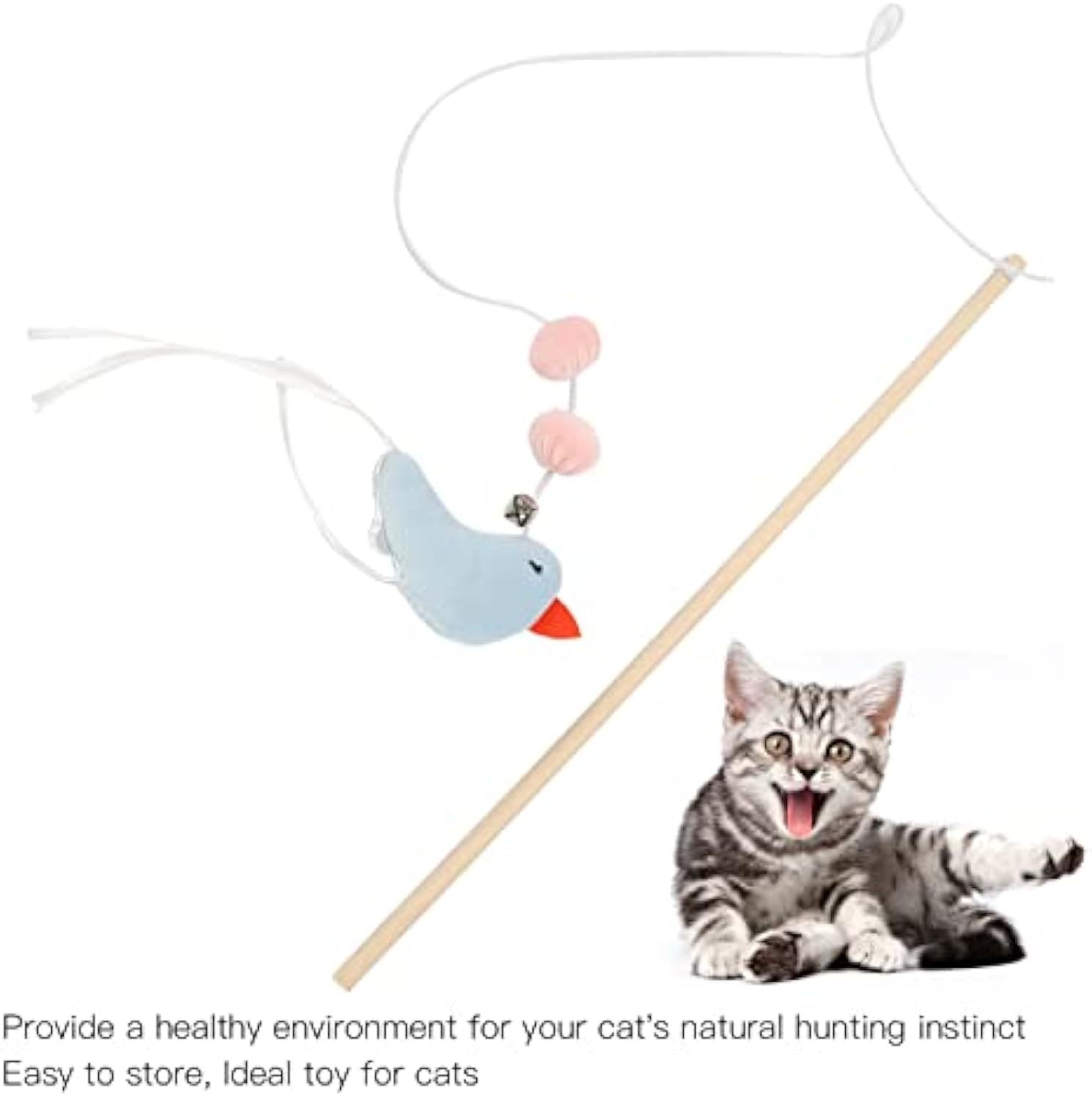 JMT-848906 Flexible Wooden Cat Teaser Stick with Bell and Elastic Rope for Interactive Play - 43cm