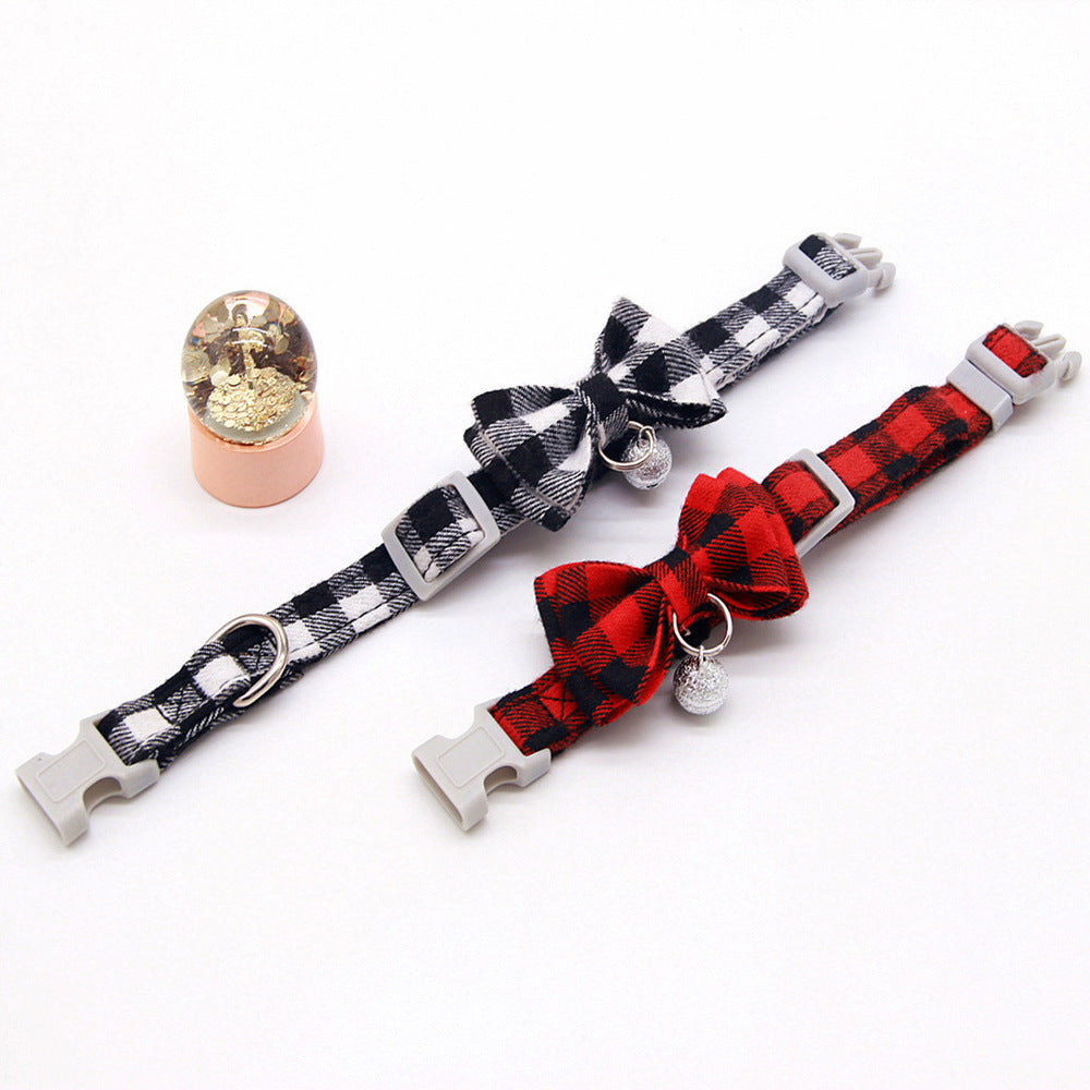 JMT-849098 Plaid Cat Bell Collar with Butterfly Bow Tie and Optional Hand Holding Rope