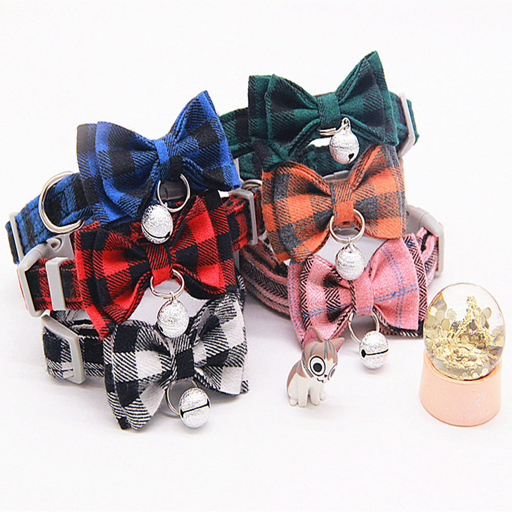 JMT-849098 Plaid Cat Bell Collar with Butterfly Bow Tie and Optional Hand Holding Rope