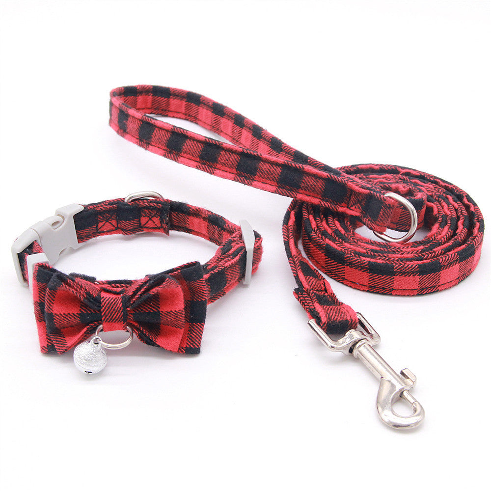 JMT-849098 Plaid Cat Bell Collar with Butterfly Bow Tie and Optional Hand Holding Rope