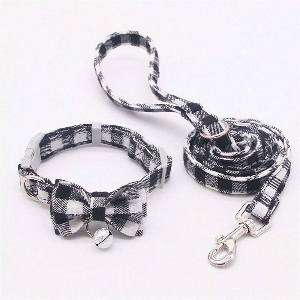 JMT-849098 Plaid Cat Bell Collar with Butterfly Bow Tie and Optional Hand Holding Rope