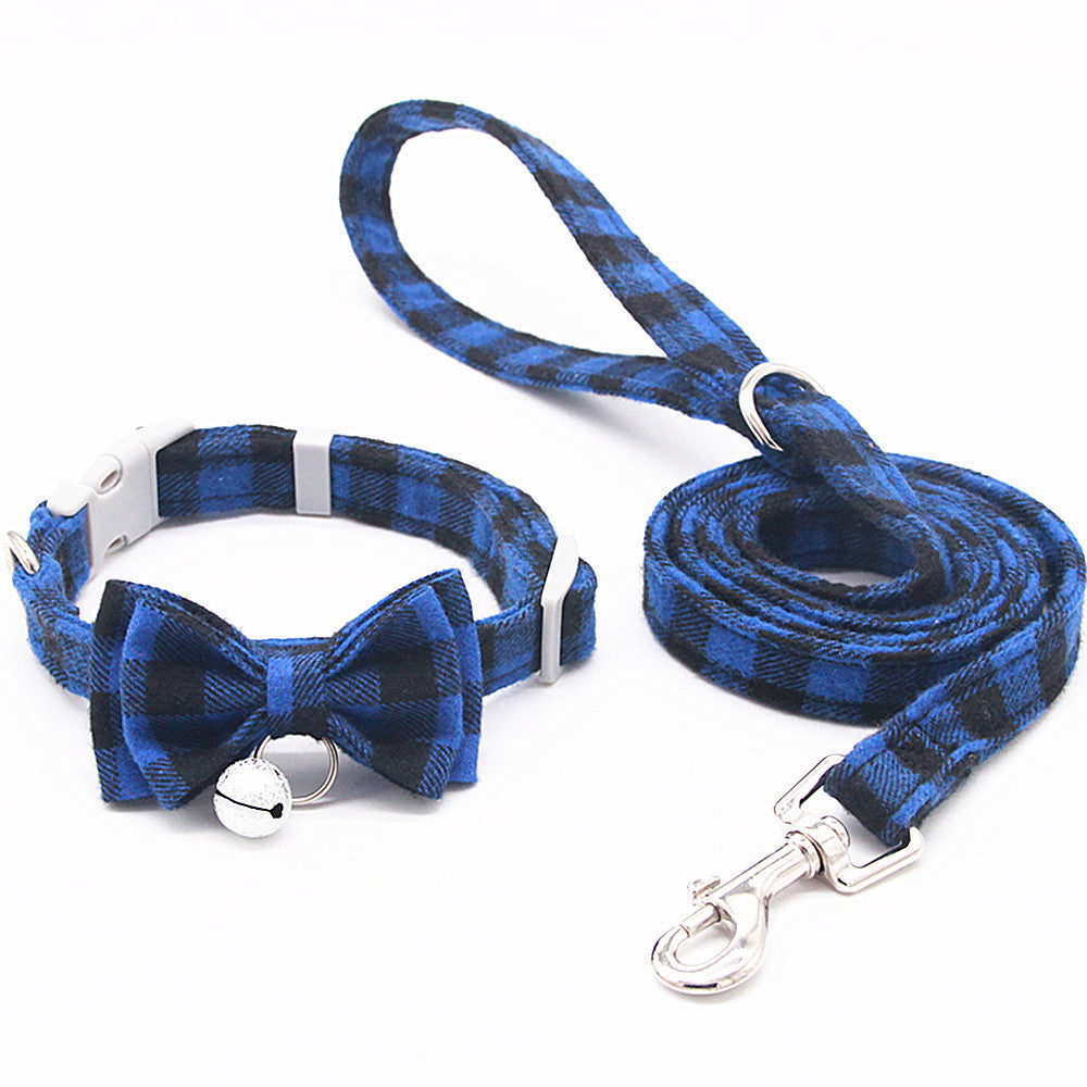 JMT-849098 Plaid Cat Bell Collar with Butterfly Bow Tie and Optional Hand Holding Rope