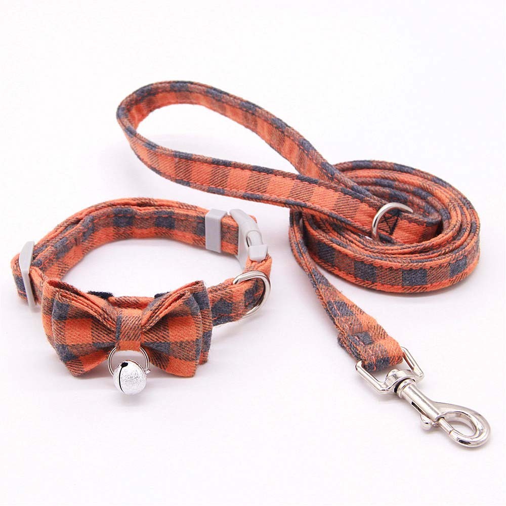 JMT-849098 Plaid Cat Bell Collar with Butterfly Bow Tie and Optional Hand Holding Rope