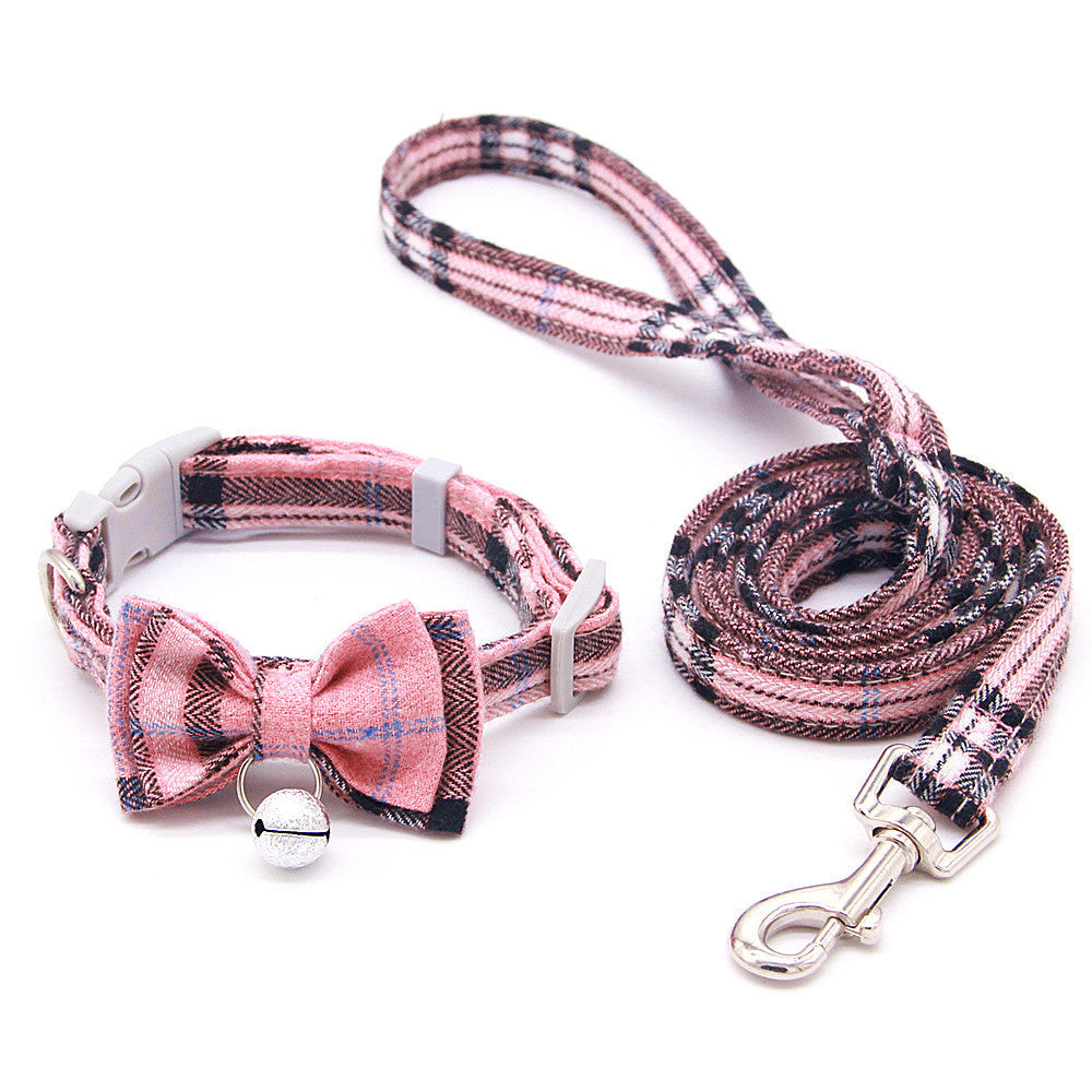 JMT-849098 Plaid Cat Bell Collar with Butterfly Bow Tie and Optional Hand Holding Rope