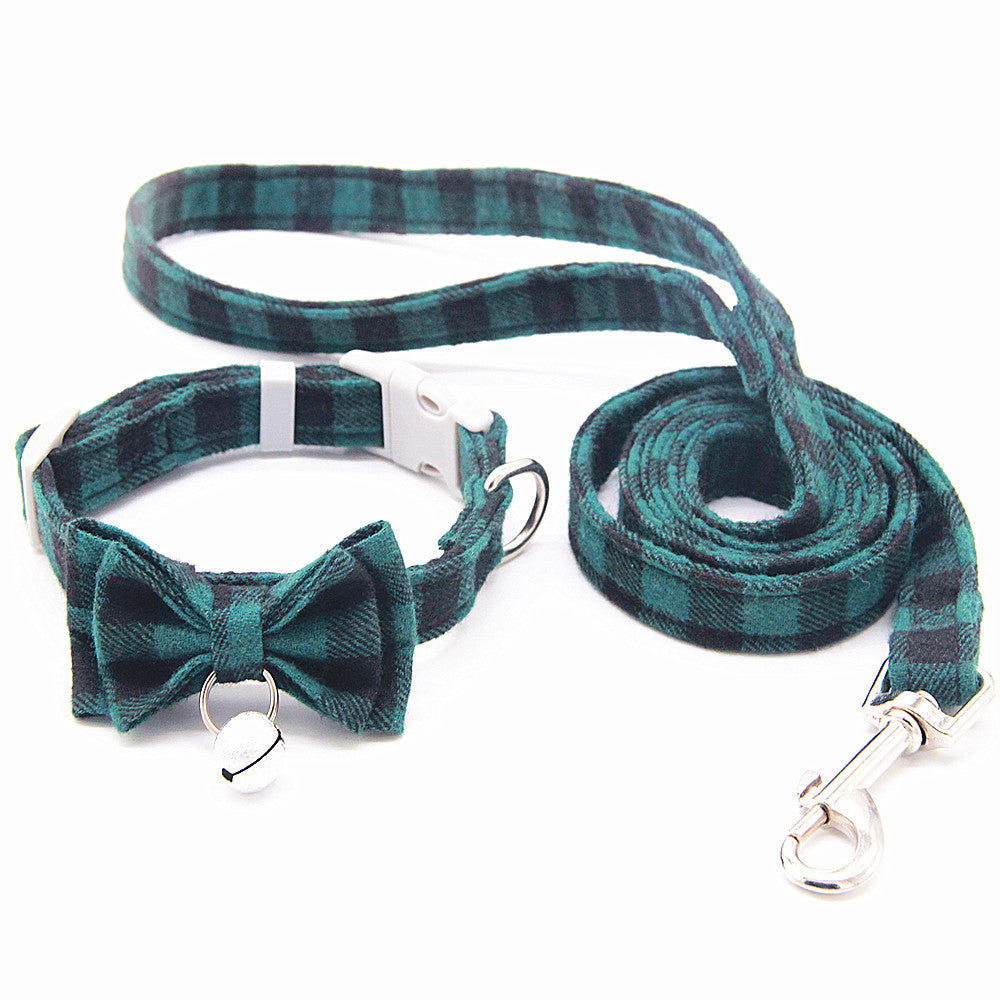 JMT-849098 Plaid Cat Bell Collar with Butterfly Bow Tie and Optional Hand Holding Rope