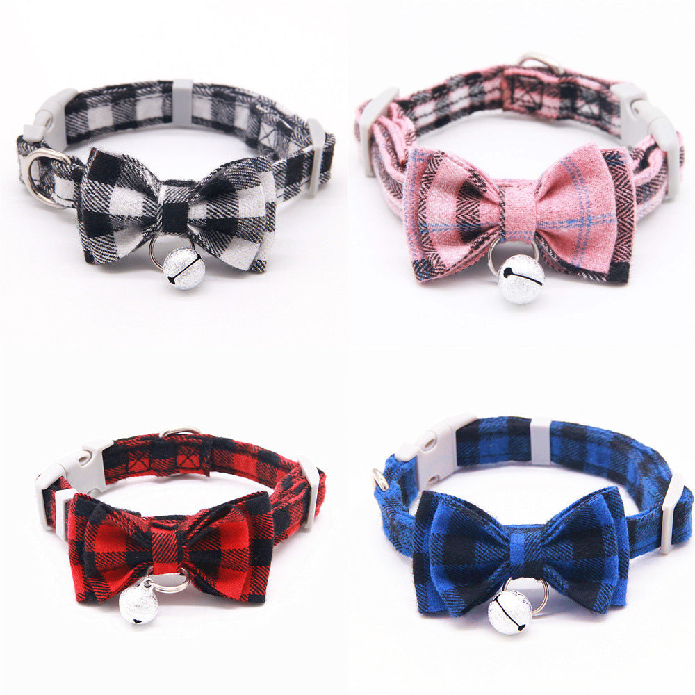 JMT-849098 Plaid Cat Bell Collar with Butterfly Bow Tie and Optional Hand Holding Rope