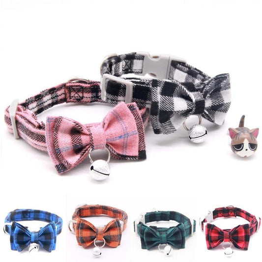 JMT-849098 Plaid Cat Bell Collar with Butterfly Bow Tie and Optional Hand Holding Rope