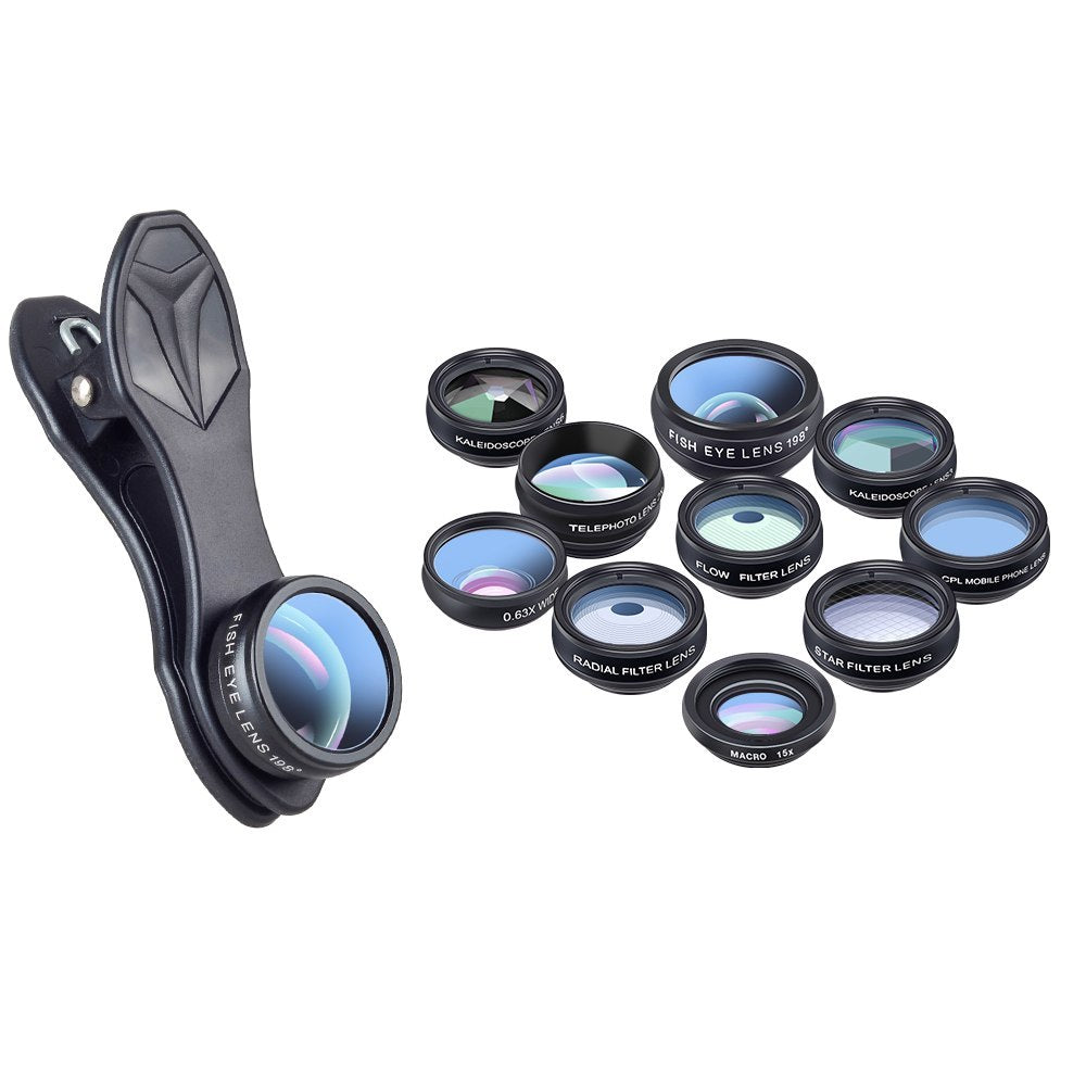JMT-849290 Universal 10-in-1 Smartphone Camera Lens Kit with Fisheye, Wide Angle, Macro, Telephoto, CPL, Kaleidoscope, and Star Filters