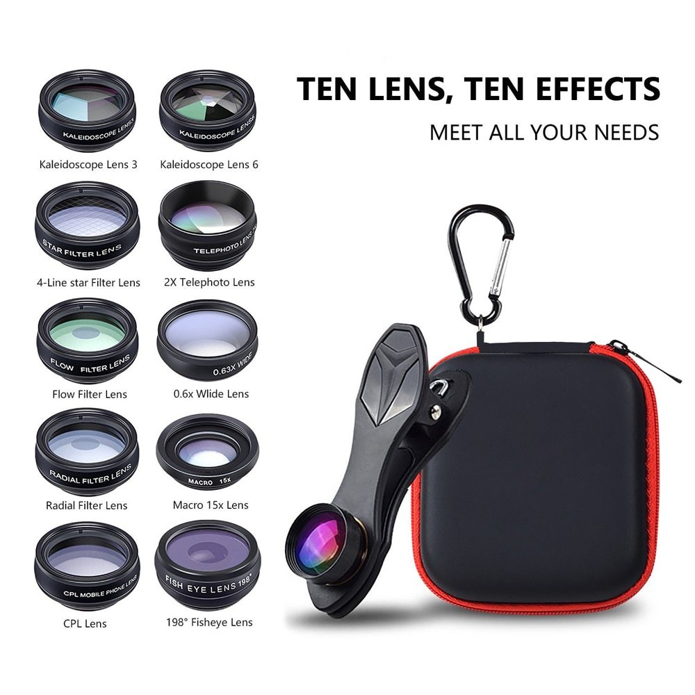 JMT-849290 Universal 10-in-1 Smartphone Camera Lens Kit with Fisheye, Wide Angle, Macro, Telephoto, CPL, Kaleidoscope, and Star Filters