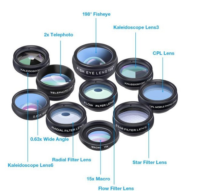 JMT-849290 Universal 10-in-1 Smartphone Camera Lens Kit with Fisheye, Wide Angle, Macro, Telephoto, CPL, Kaleidoscope, and Star Filters