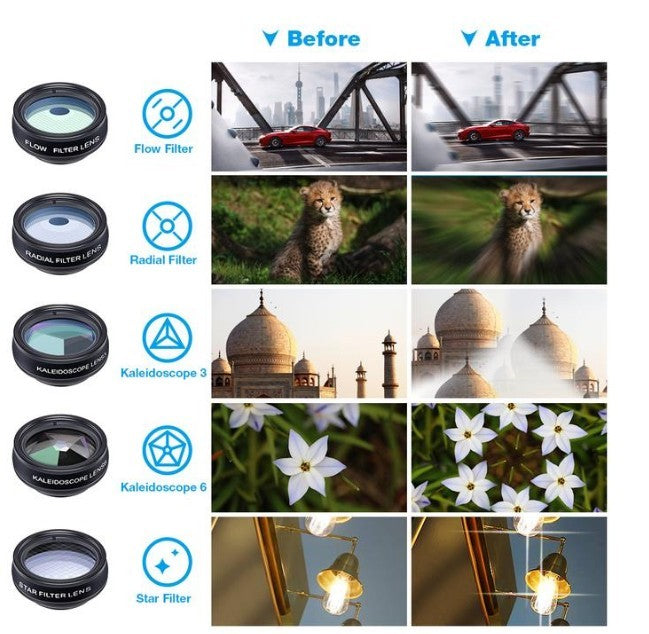 JMT-849290 Universal 10-in-1 Smartphone Camera Lens Kit with Fisheye, Wide Angle, Macro, Telephoto, CPL, Kaleidoscope, and Star Filters