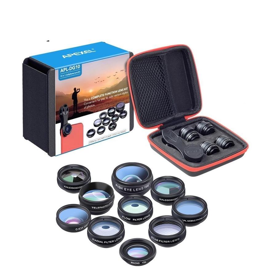 JMT-849290 Universal 10-in-1 Smartphone Camera Lens Kit with Fisheye, Wide Angle, Macro, Telephoto, CPL, Kaleidoscope, and Star Filters