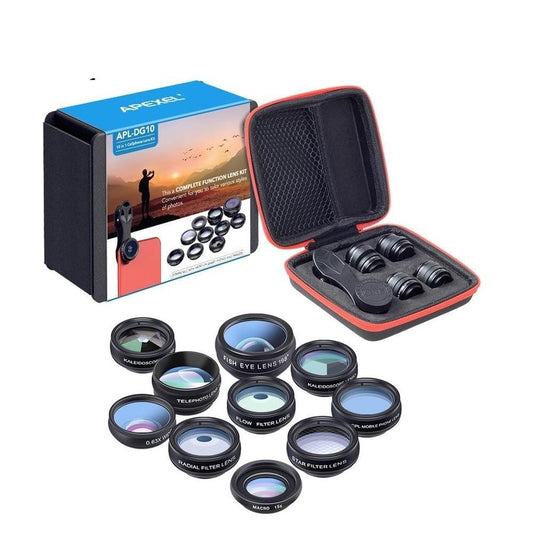JMT-849290 Universal 10-in-1 Smartphone Camera Lens Kit with Fisheye, Wide Angle, Macro, Telephoto, CPL, Kaleidoscope, and Star Filters