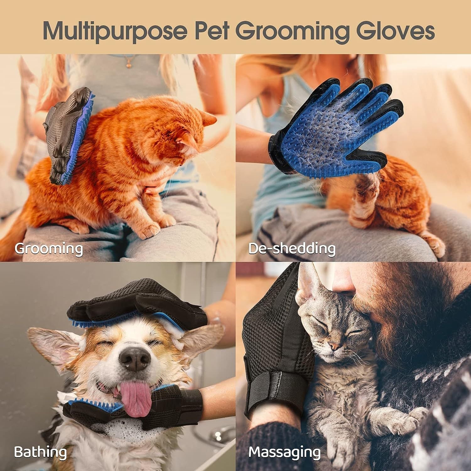 JMT-851146 Pet Grooming Gloves with Silicone Tips for Gentle Shedding and Washing Dogs, Cats, and Horses