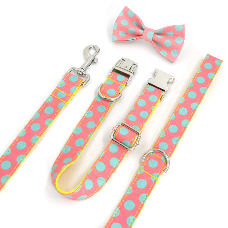 JMT-853706 Polka Dot Yellow Dog Collar with Leash and Bowknot - Multiple Sizes Available