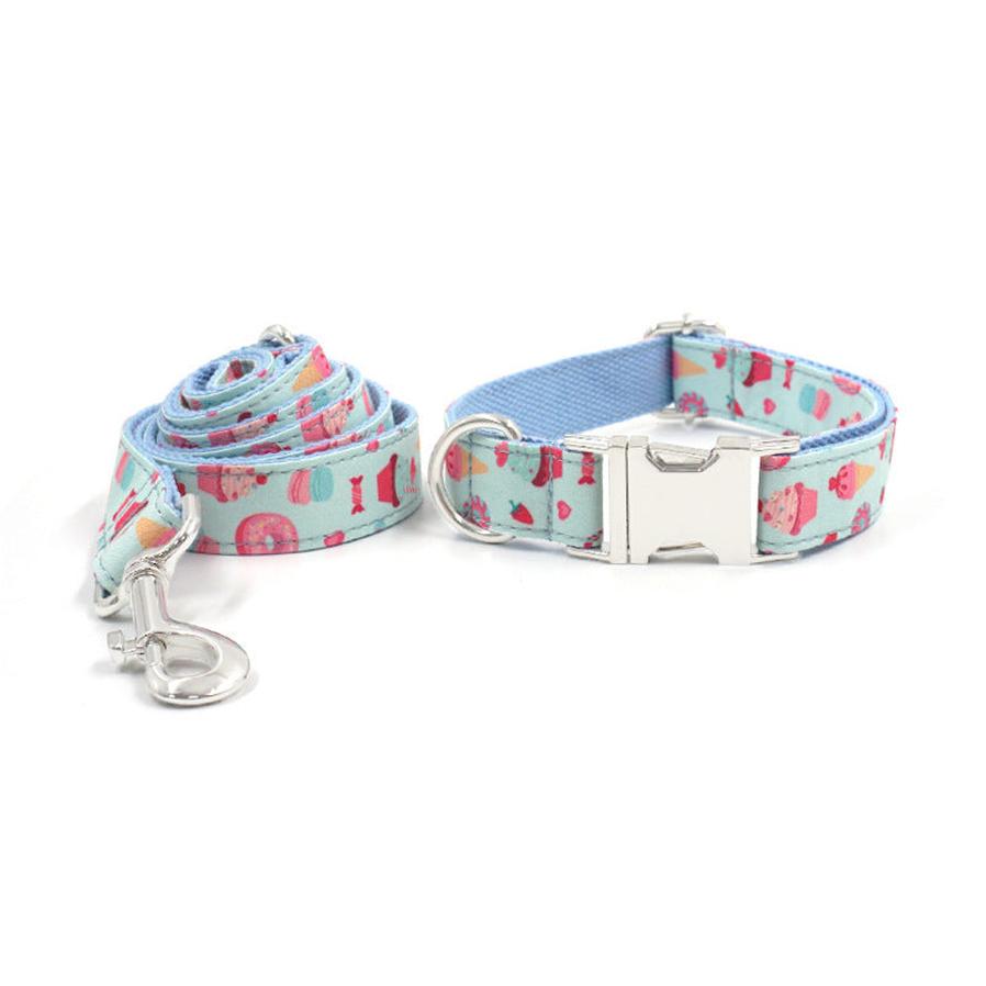 JMT-856010 Cartoon Pattern Macaron Color Large Dog Collar and Leash Walking Set
