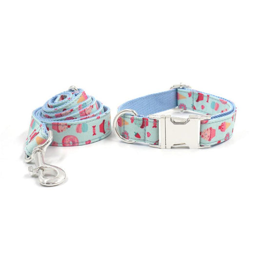 JMT-856010 Cartoon Pattern Macaron Color Large Dog Collar and Leash Walking Set