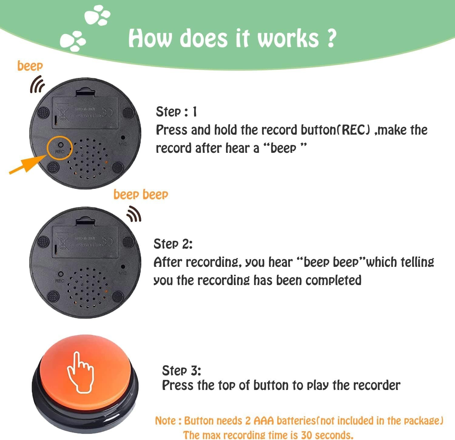 JMT-856650 Voice Recording Buzzer for Dog Training - 30 Second Playback Button Toy