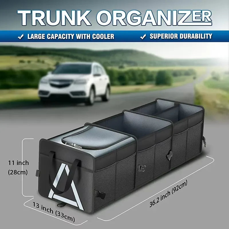 JMT-857290 Large-Capacity Car Organiser with Insulated Leakproof Cooler Bag and Reflective Safety Strip