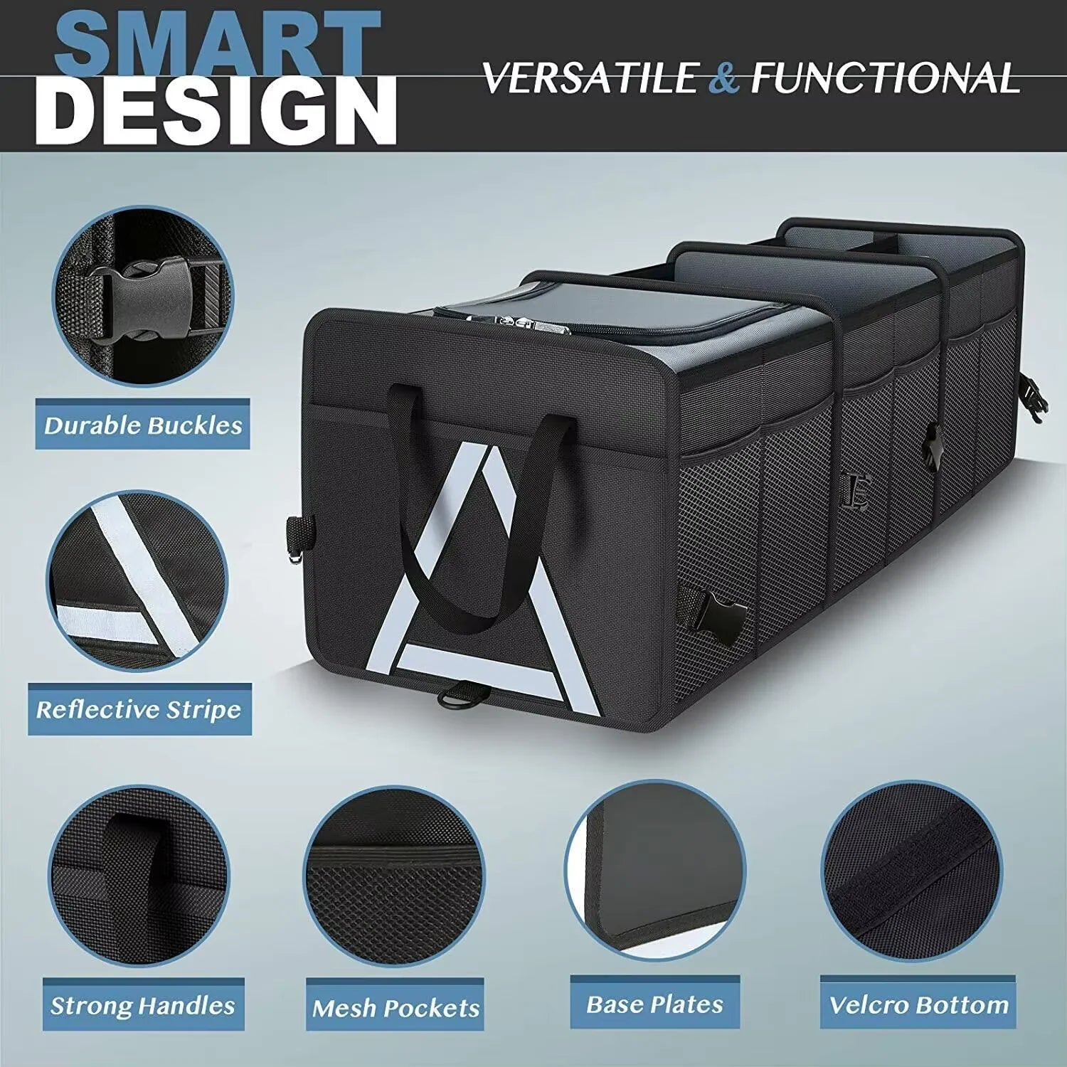 JMT-857290 Large-Capacity Car Organiser with Insulated Leakproof Cooler Bag and Reflective Safety Strip