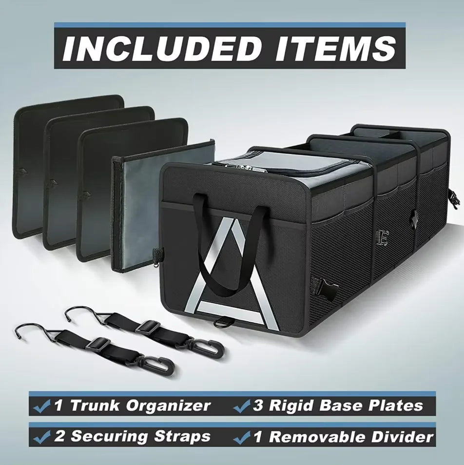 JMT-857290 Large-Capacity Car Organiser with Insulated Leakproof Cooler Bag and Reflective Safety Strip