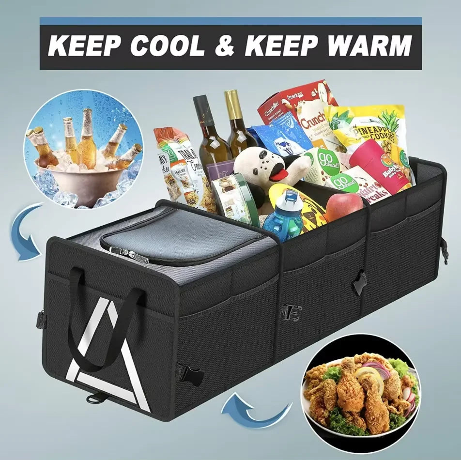 JMT-857290 Large-Capacity Car Organiser with Insulated Leakproof Cooler Bag and Reflective Safety Strip