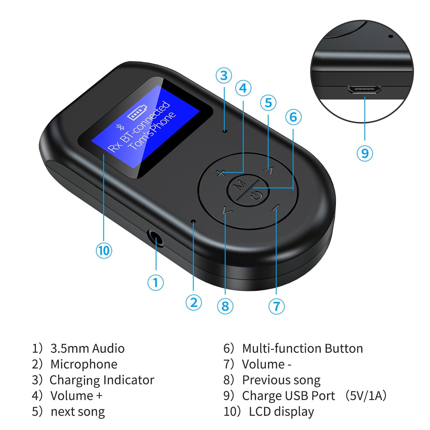 JMT-857994 Bluetooth 5.0 LCD USB Adapter with 300 mAh Battery for Wireless Audio Connection