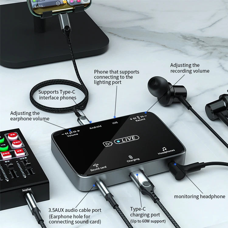 JMT-858634 3-in-1 Stereo Live Sound Card Adapter for iPhone and Android with 3.5mm Audio and Microphone Input
