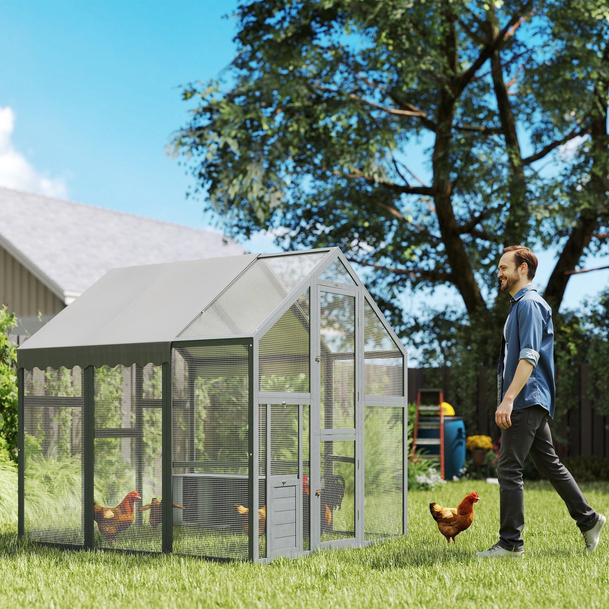 JMT-858826 Large Wooden Chicken Run for 6-8 Chickens with Waterproof and UV-Resistant Cover, Easy Assembly, 33 Sq Ft Space