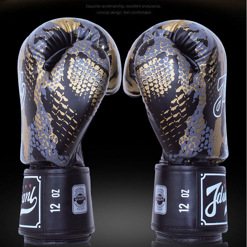 JMT-859210 Mad Python Boxing Gloves - PU Leather, 8oz/10oz/12oz/14oz - Black/White/Red - Ideal for Fighting, Boxing, Sanshou, Muay Thai