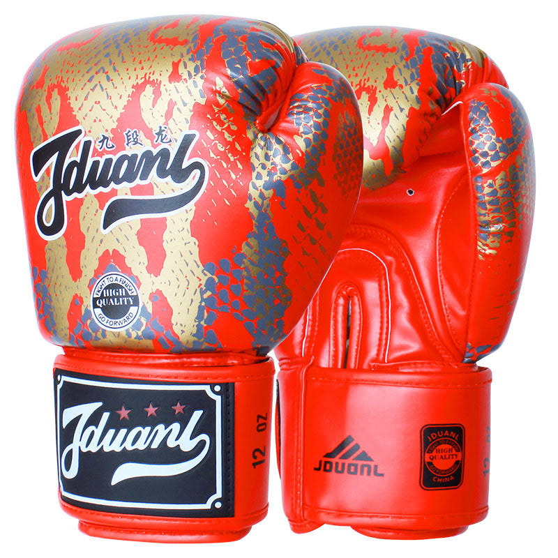 JMT-859210 Mad Python Boxing Gloves - PU Leather, 8oz/10oz/12oz/14oz - Black/White/Red - Ideal for Fighting, Boxing, Sanshou, Muay Thai