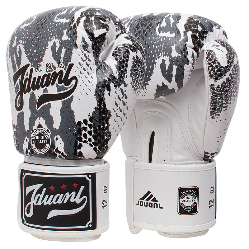 JMT-859210 Mad Python Boxing Gloves - PU Leather, 8oz/10oz/12oz/14oz - Black/White/Red - Ideal for Fighting, Boxing, Sanshou, Muay Thai