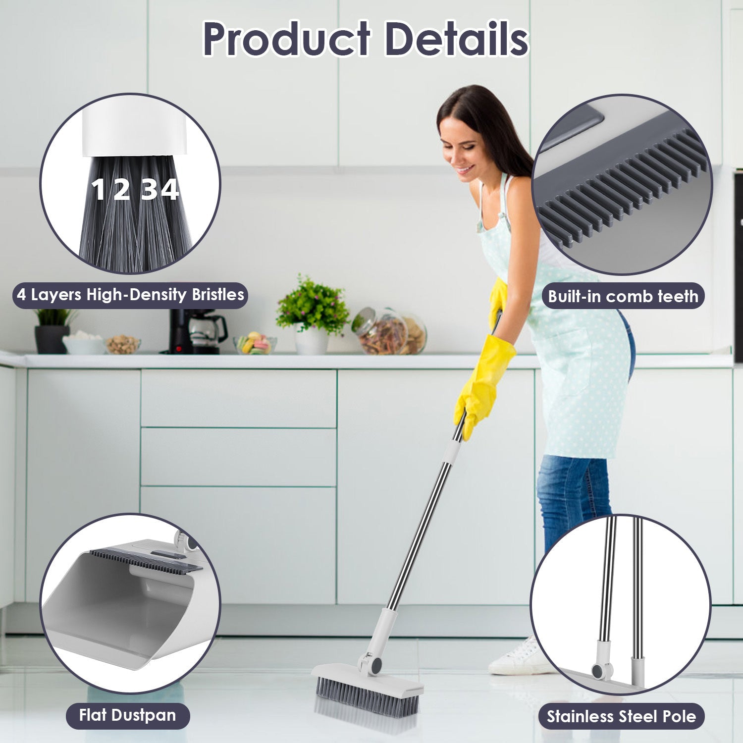 JMT-859978 4-in-1 Broom and Dustpan Set with Adjustable Stainless Steel Handle for Home and Office Cleaning
