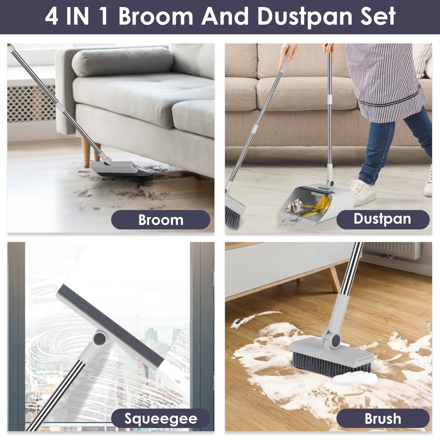 JMT-859978 4-in-1 Broom and Dustpan Set with Adjustable Stainless Steel Handle for Home and Office Cleaning