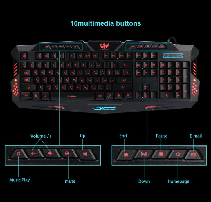JMT-859978 Gaming Keyboard and Mouse Set with Tri-Color Backlight, USB Wired Connection, 108 Keys, Russian Layout