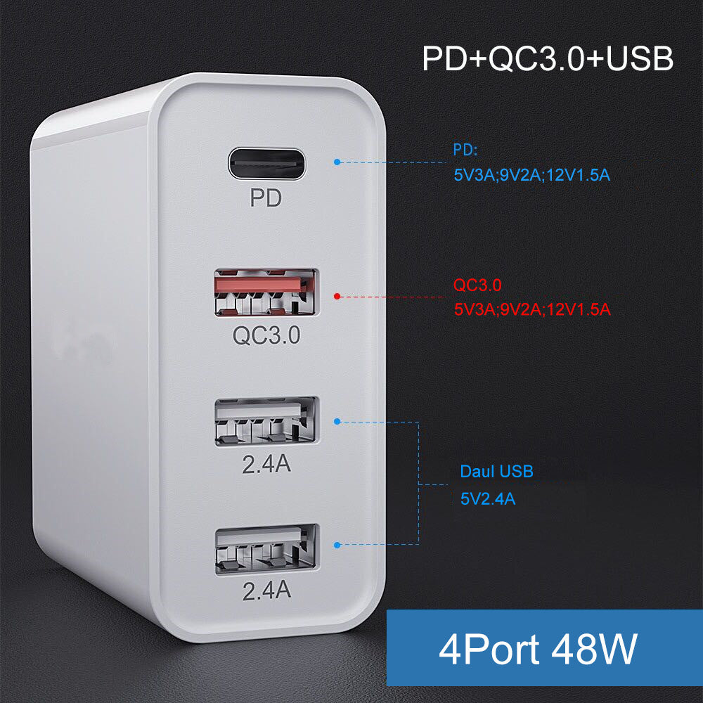 JMT-861962 Multi-Port Fast Charge Mobile Phone Charger - USB, PD, and QC Compatible Charging Head in Black & White